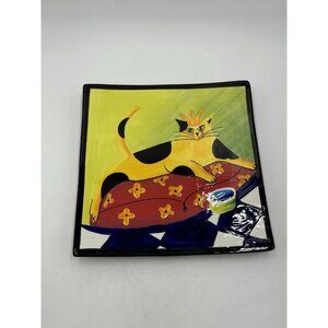 2005 Naylor Designs Hand Painted Art Cat Lover Hanging Plate Wearing Crown Royal